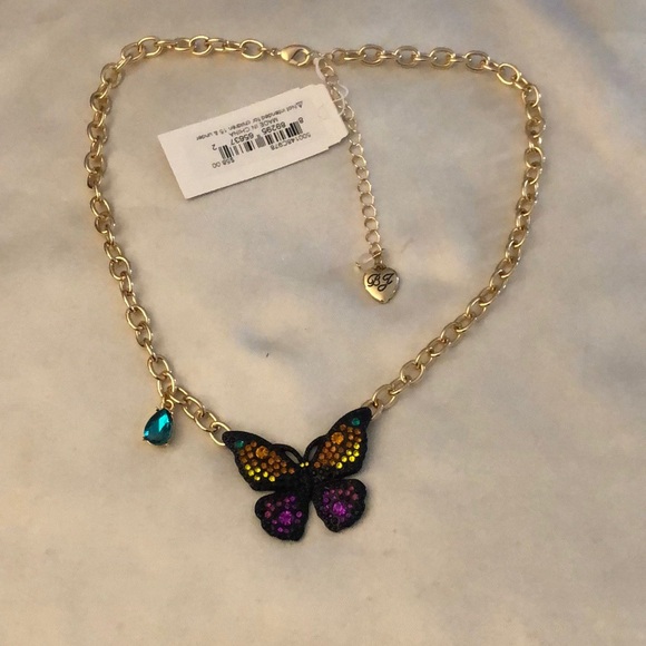 Betsey Johnson Gold Tone Black Butterfly Pendant Necklace Multi Colored Crystal - Picture 3 of 16